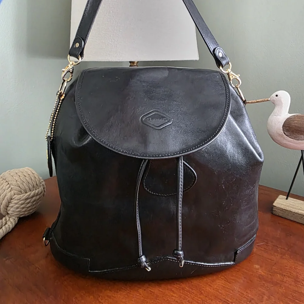 i Santi Made in Italy Black Leather Convertible Backpack Drawstring Bag